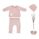 Cadeau de naissance bébé layette française brassière, pantalon, bonnet et chaussons laine mérinos - rose