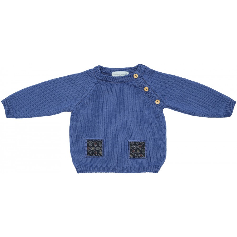 Pull bebe laine mérinos bleu, 3 mois, pull bébé en tricot, layette, cadeau de naissance, made in france