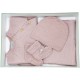 Cadeau de naissance bébé layette française brassière, pantalon, bonnet et chaussons laine mérinos - rose