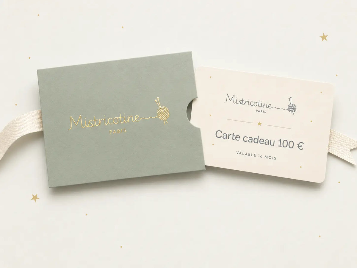 Mistricotine birth gift card in its envelope