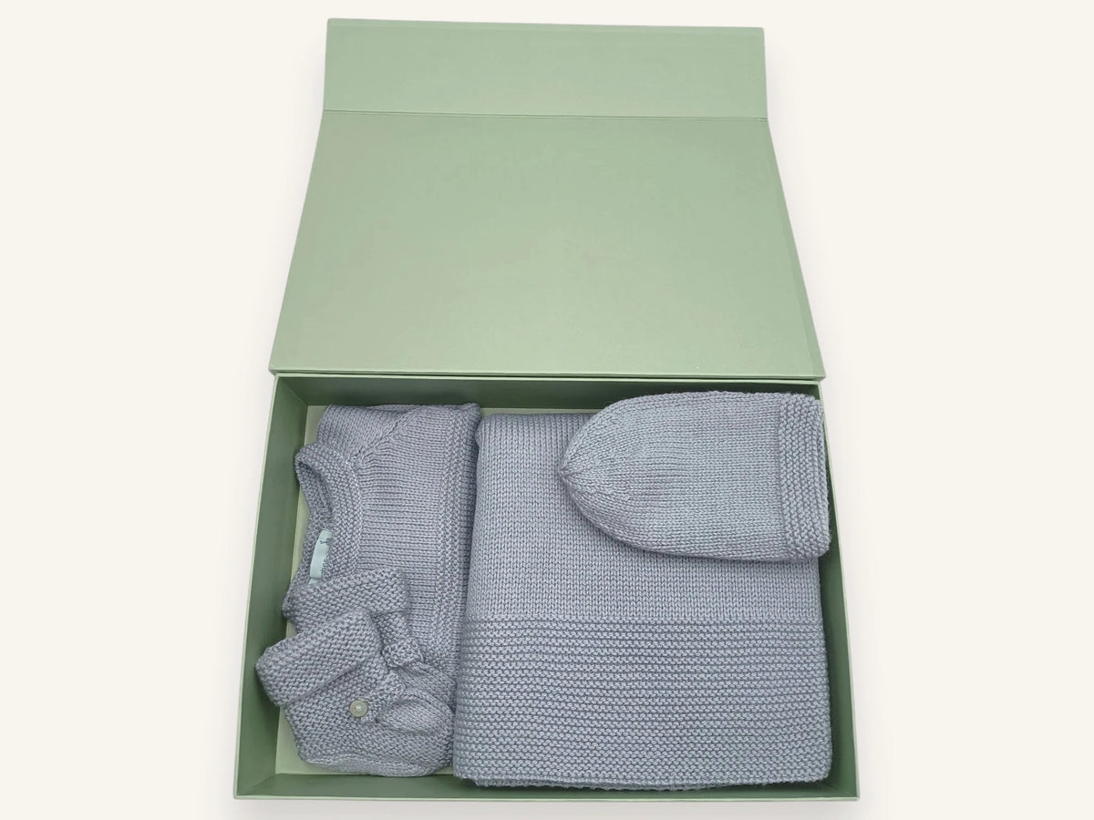 Trousseau de naissance laine mérinos - Bonheur gris-bleu