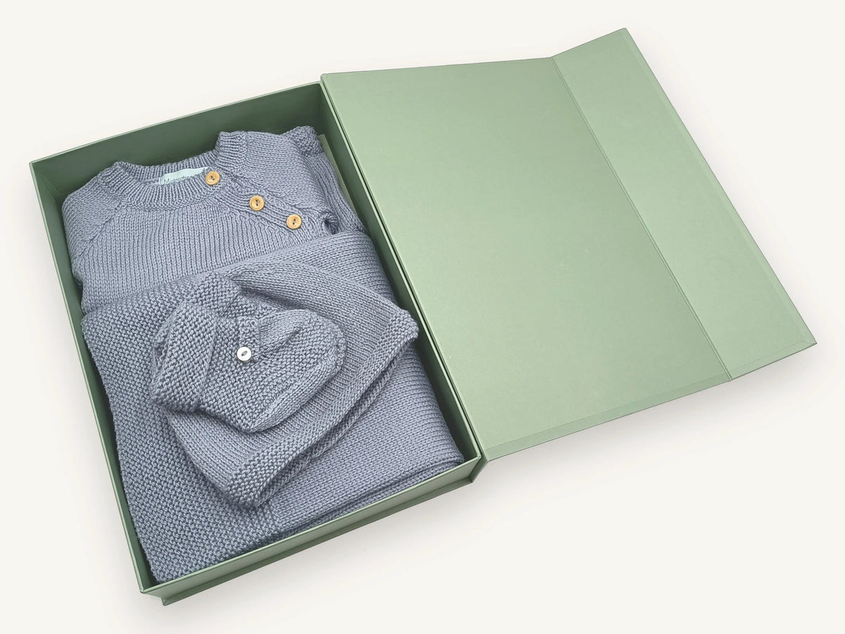 Trousseau de naissance en laine mérinos – Félicité gris-bleu