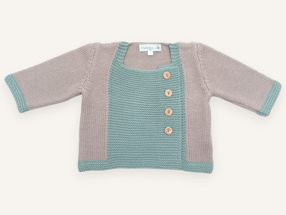 Gilet bébé Tichat en laine mérinos taupe et vert, Made in France
