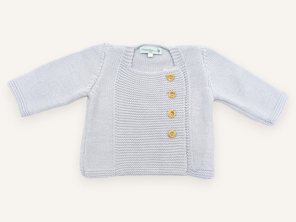 Gilet bébé Tichat en laine mérinos bleu ciel, Made in France