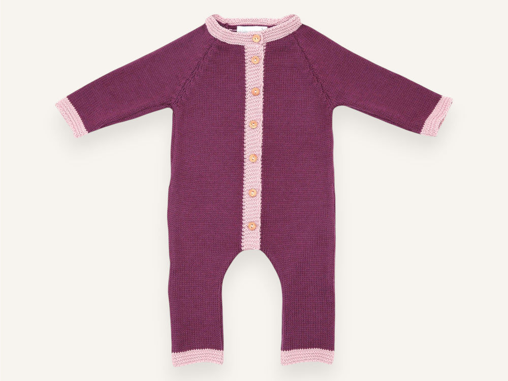 Combinaison bébé Inès en laine mérinos prune et rose, Made in France