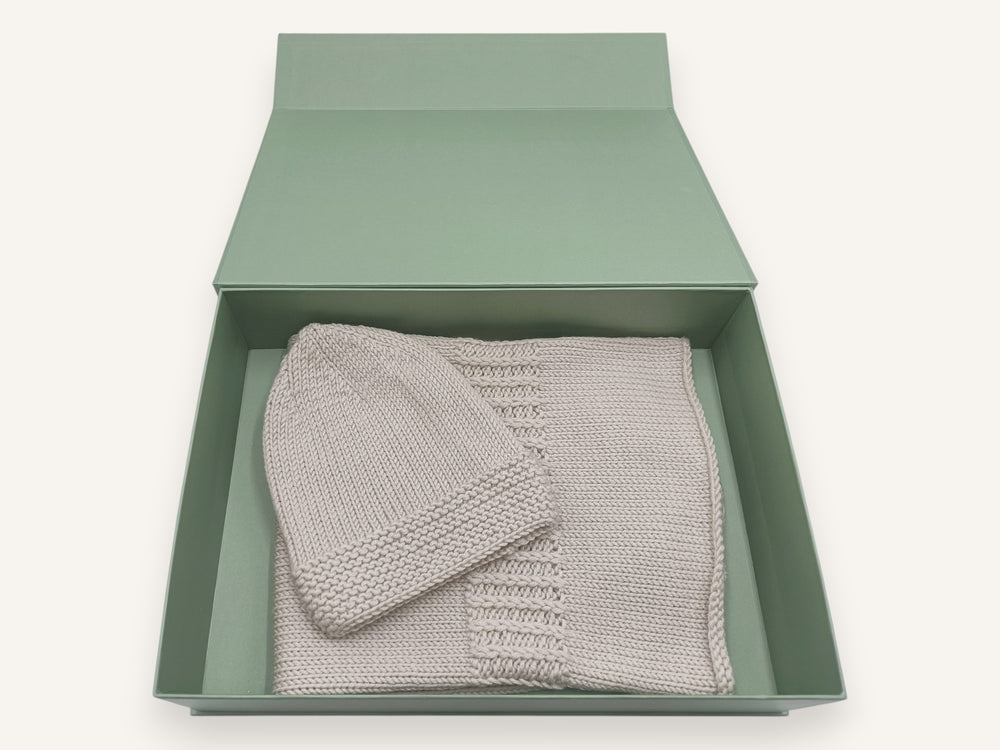 Coffret cocon bébé et bonnet Cocoon en laine mérinos beige lin, Made in France