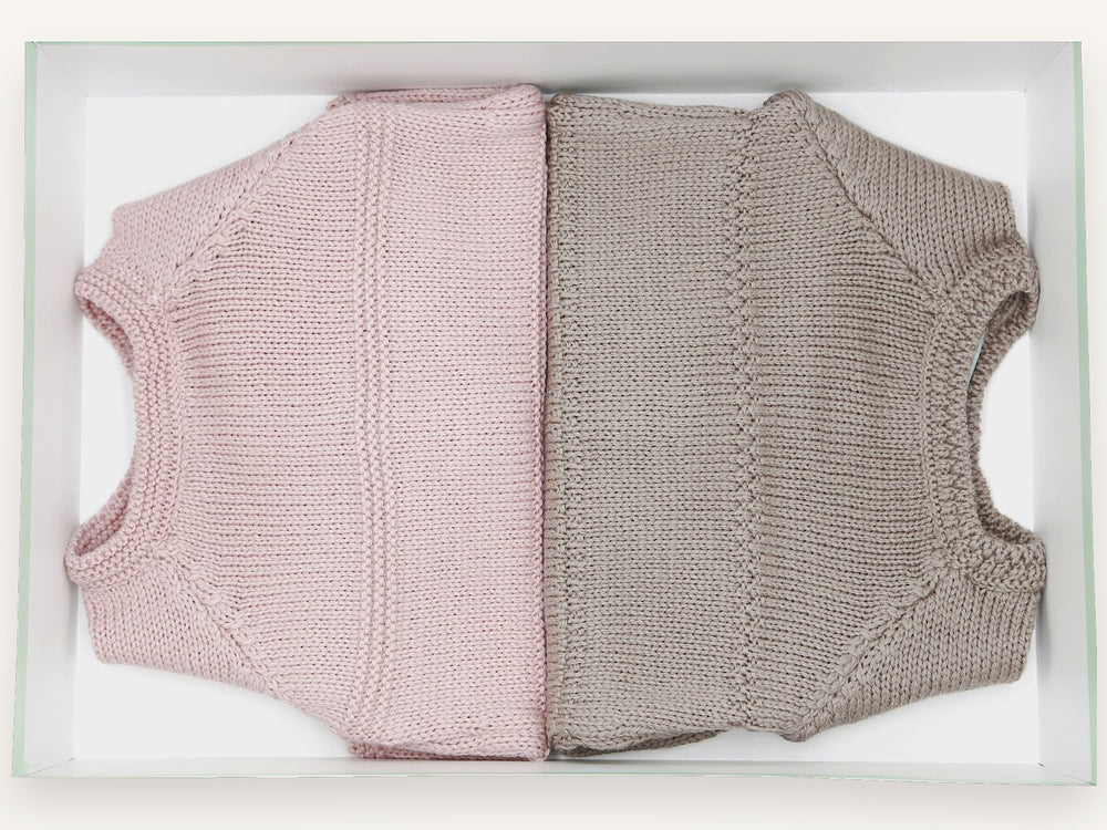 Coffret brassières bébé Complicité en laine mérinos taupe et rose, Made in France