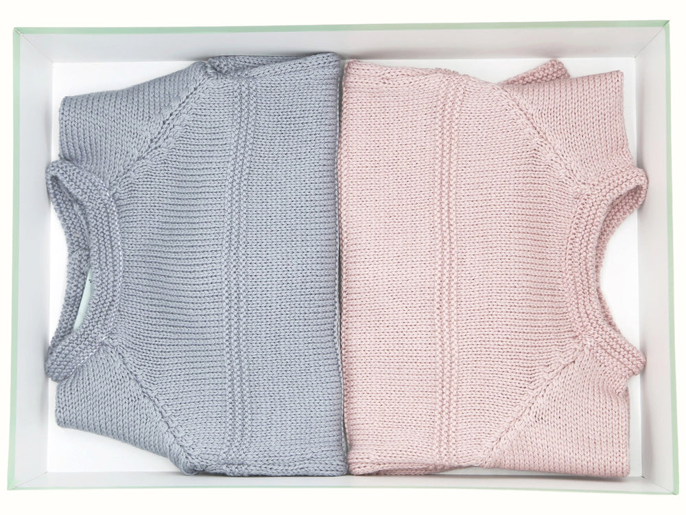 Coffret brassières bébé Complicité en laine mérinos gris-bleu et rose, Made in France