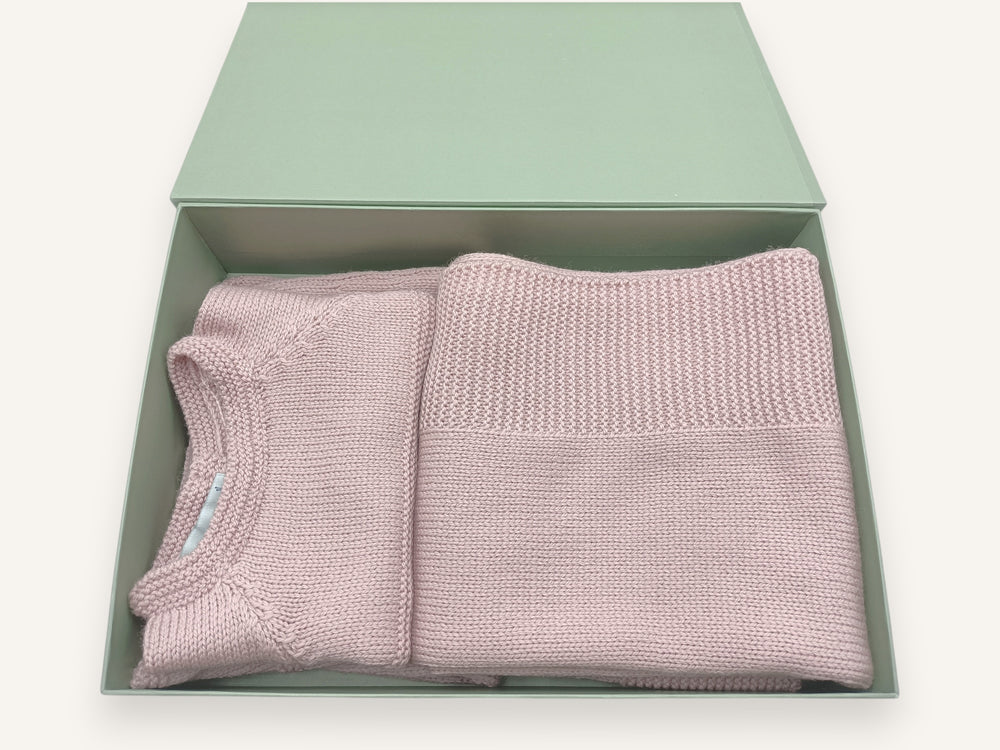 Ensemble bébé BabyChoupi en laine mérinos rose dans son coffret, Made in France