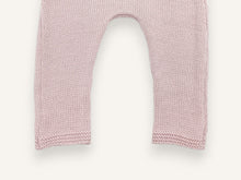 Close-up of the crotch and garter stitch finishes of the pink Chachou baby trousers