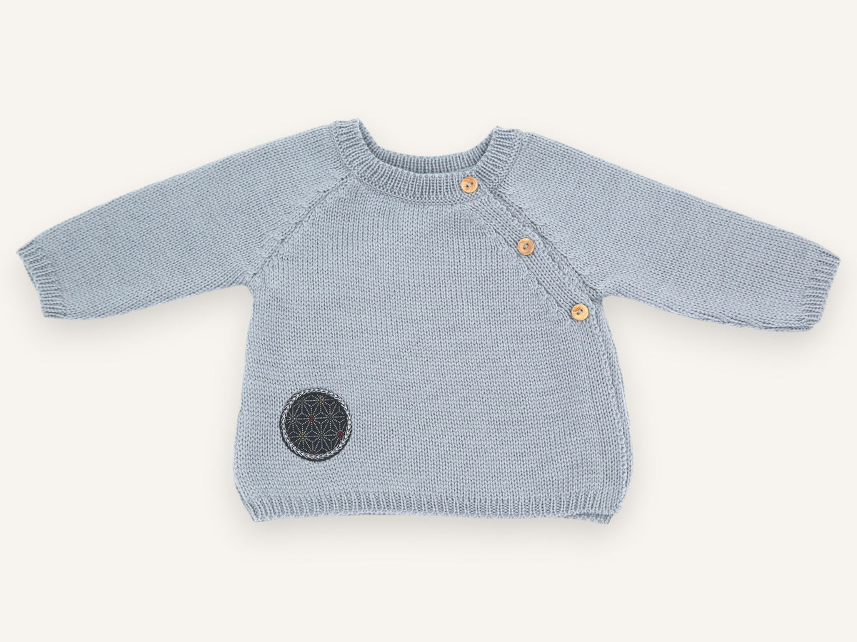 Dadou preemie cardigan in blue-grey merino wool, Made in France