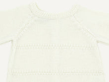Close-up of the double moss stitch neckline and raglan sleeves of the ecru preemie cardigan