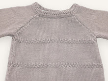 Close-up of the double moss stitch neckline and raglan sleeves of the taupe Zouzou preemie cardigan
