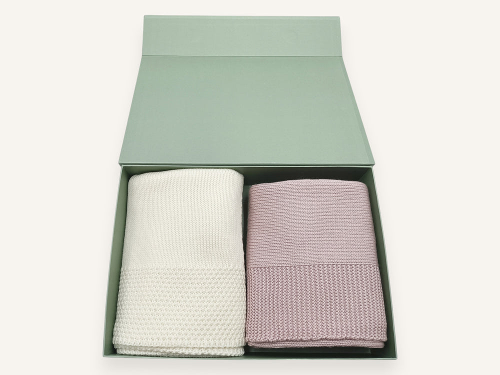 Coffret deux couvertures bébé Choupis en laine mérinos écru et rose, Made in France