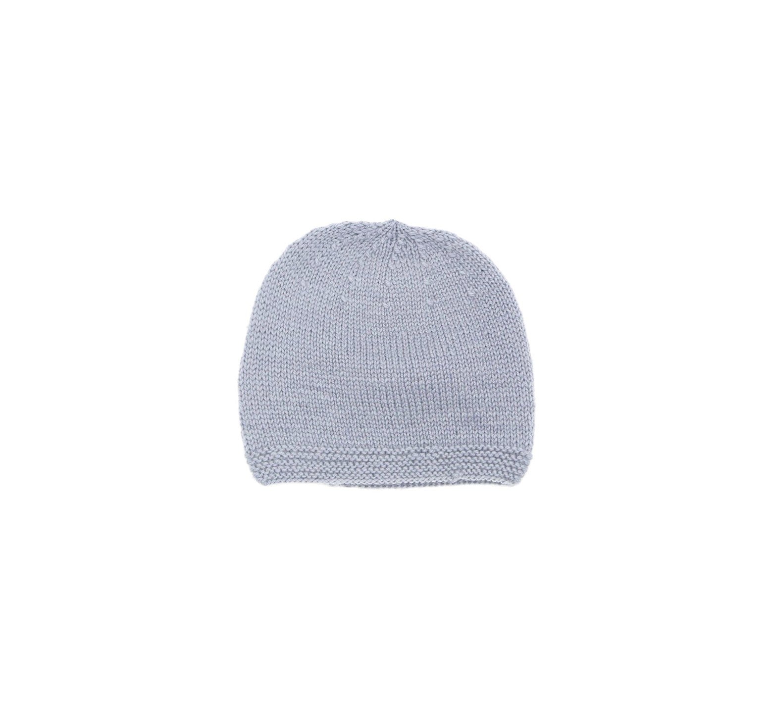 Bonnet bébé en laine mérinos gris bleu, tricoté en France.
