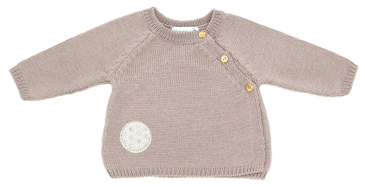 Brassière pour prématuré en laine mérinos taupe, tricotée en France