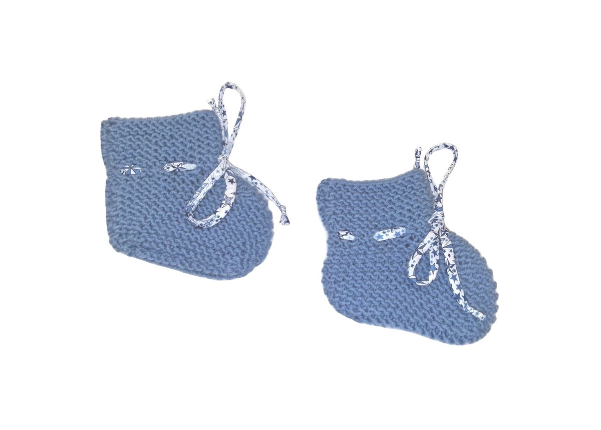 chaussons pour bébés en tricot point mousse laine mérinos bleu faits main