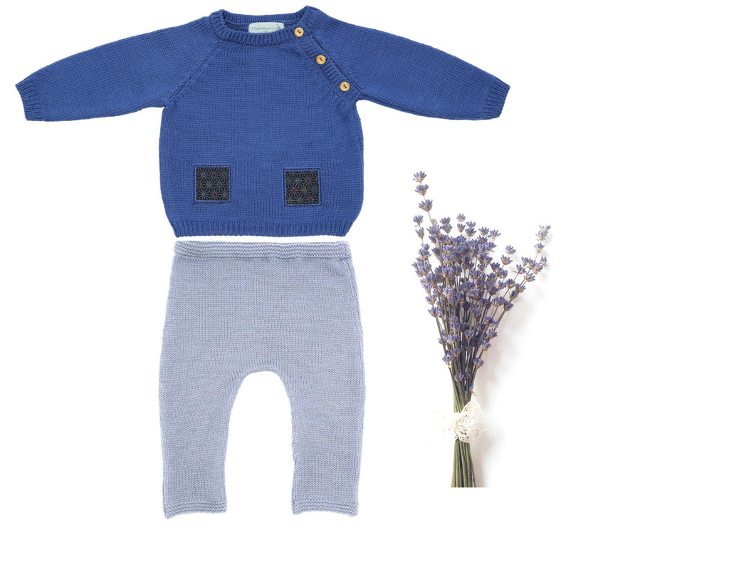 Ensemble Bébé Babou bleu & gris laine mérinos