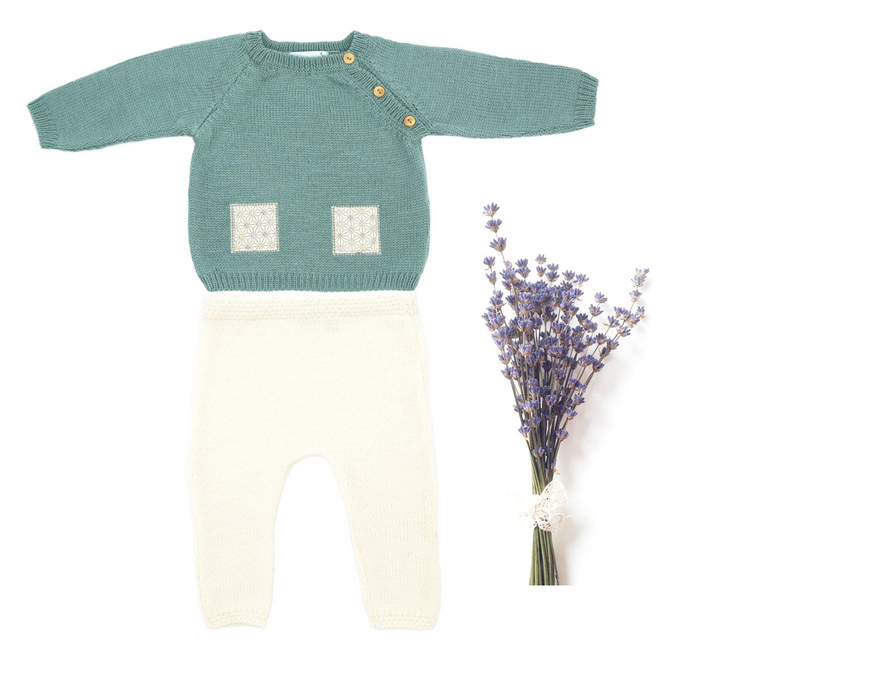 Ensemble Bébé Babou vert & écru laine mérinos