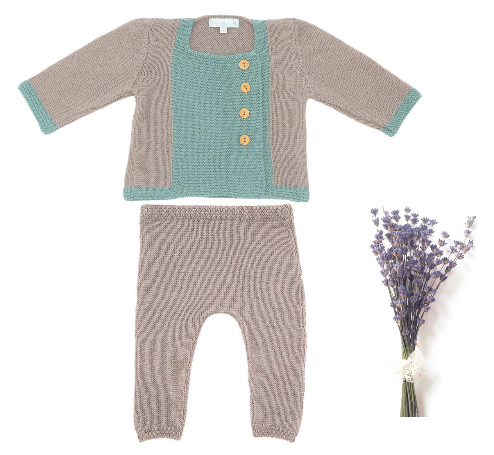 Ensemble Bébé Harmonie taupe & vert laine mérinos