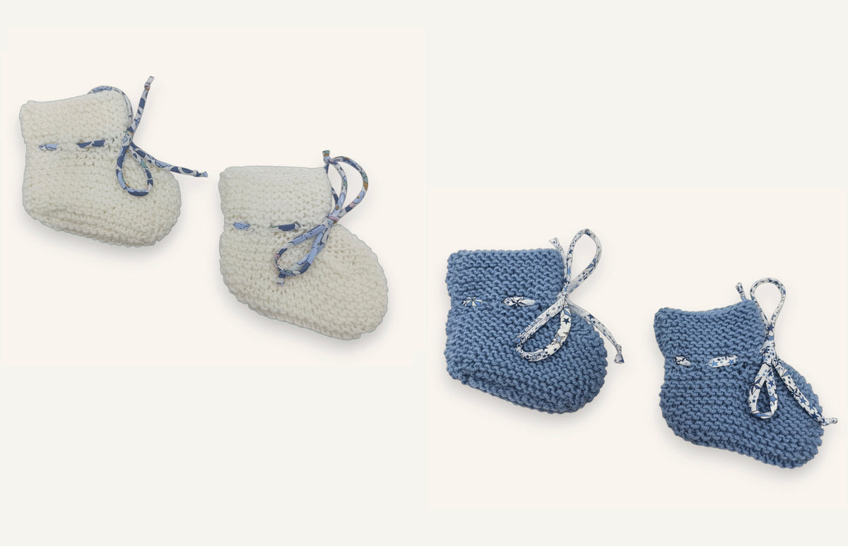 Coffret chaussons bébé laine - Blanc & Bleu