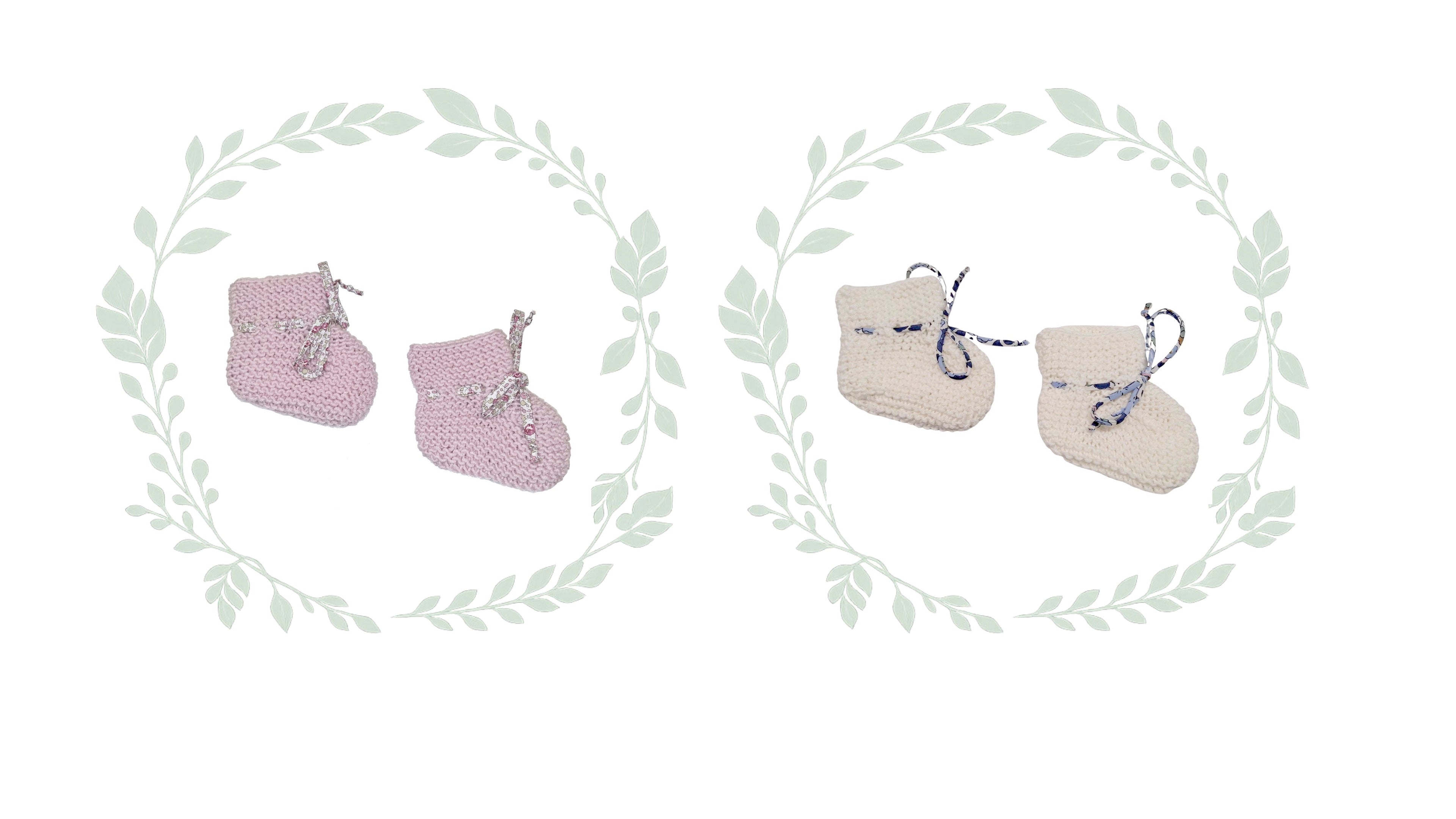 coffret de deux paires de chaussons pour bébés en laine mérinos blanc et rose tricotés en point mousse