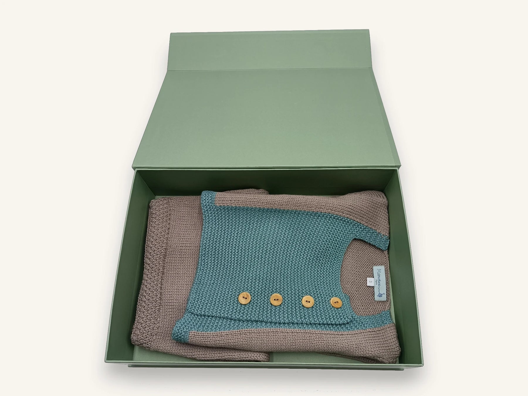 Tenue de naissance en tricot - Harmonie taupe & vert