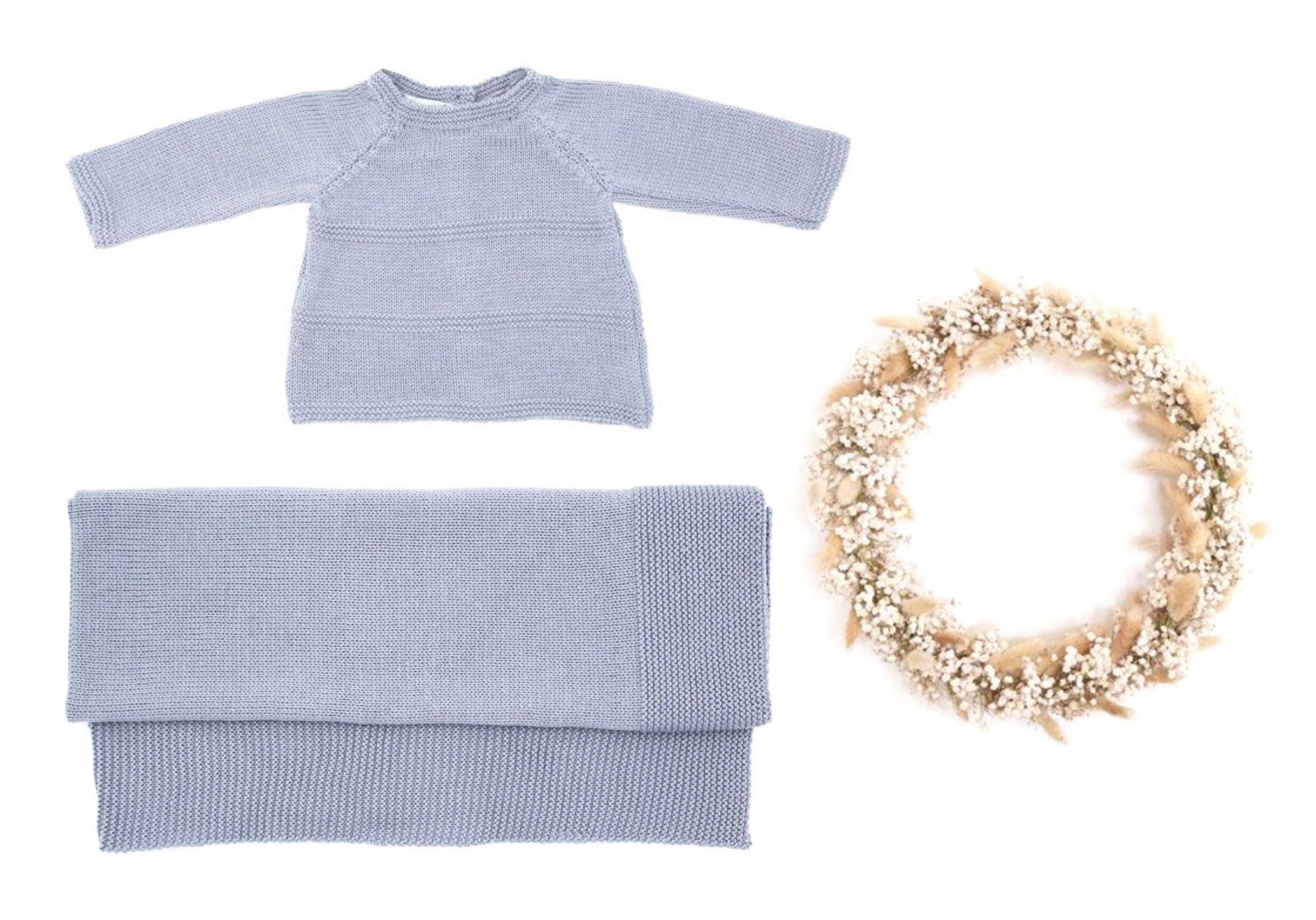 Coffret naissance Amour gris-bleu laine mérinos