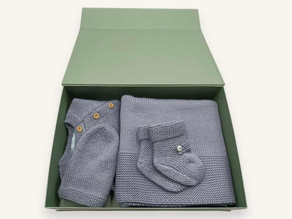 Trousseau de naissance laine mérinos - Joie gris-bleu