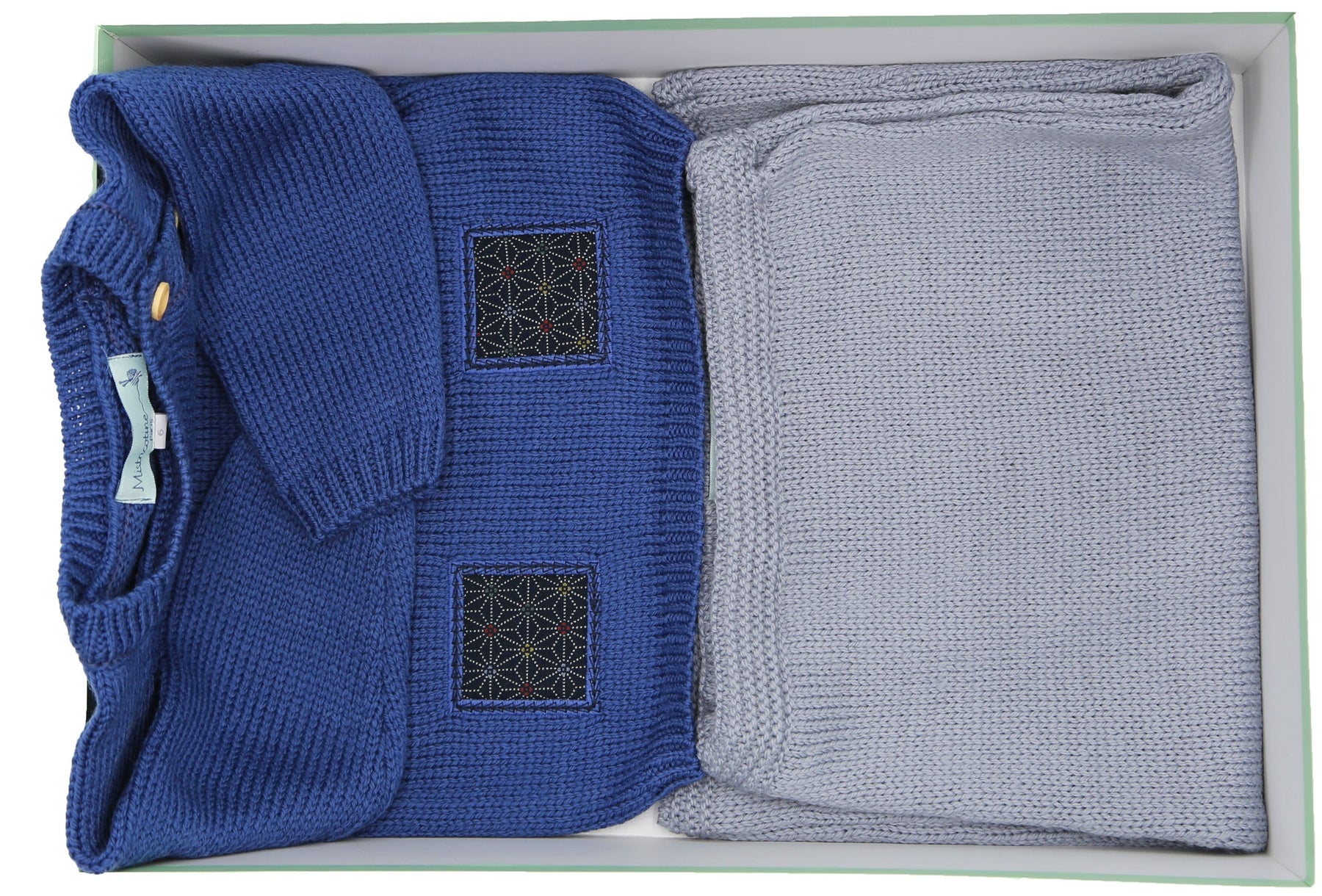 Coffret naissance comprenant un pull et  un pantalon en laine mérinos, tricotés en France