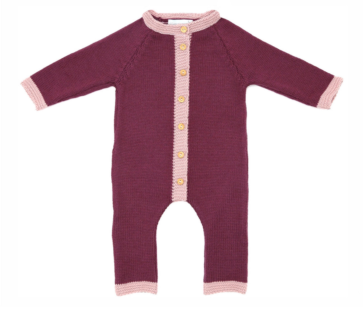 Combinaison bébé tricotée en laine mérinos prune et rose, tricotée en France