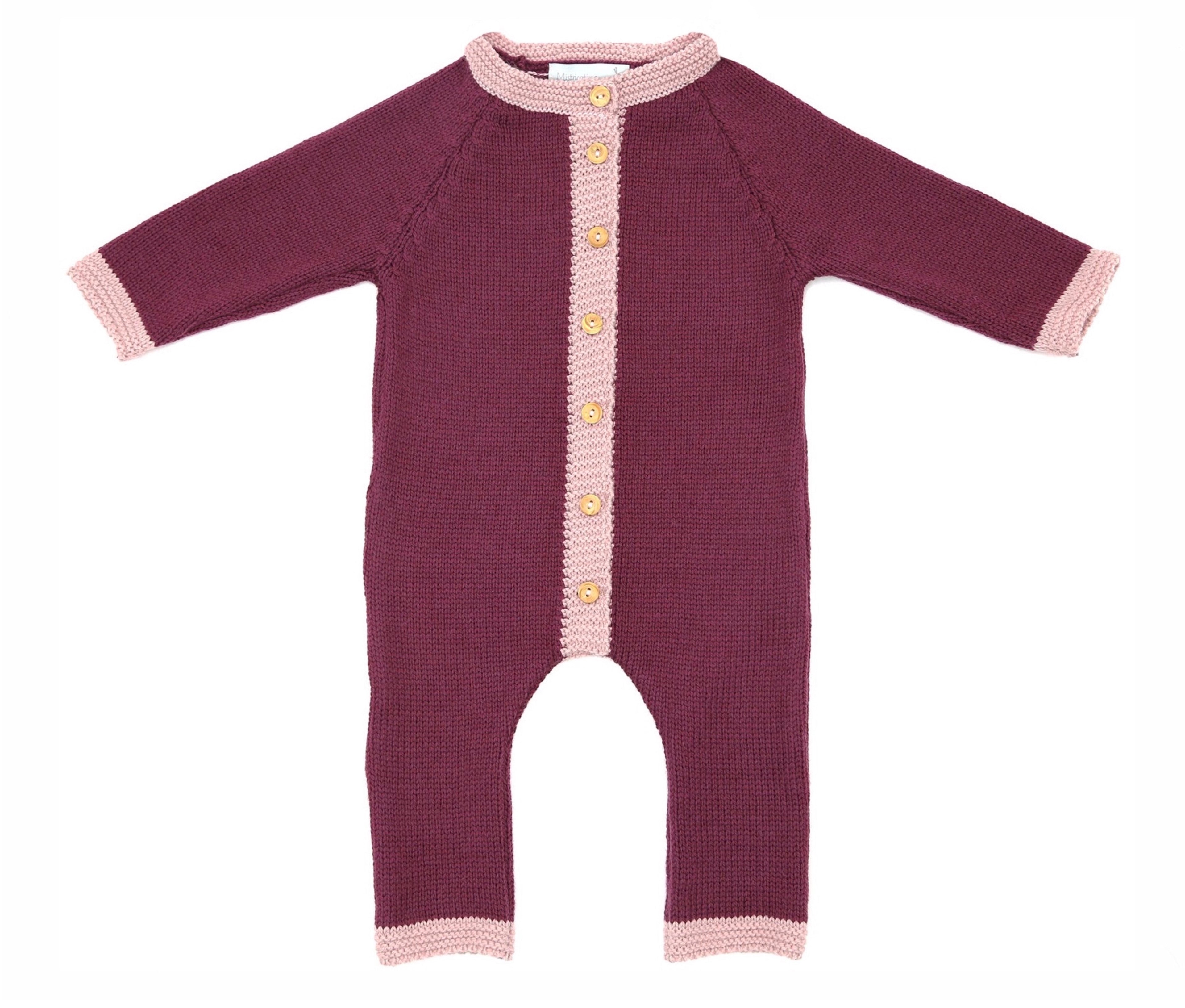 Combinaison bébé tricotée en laine mérinos prune et rose, tricotée en France