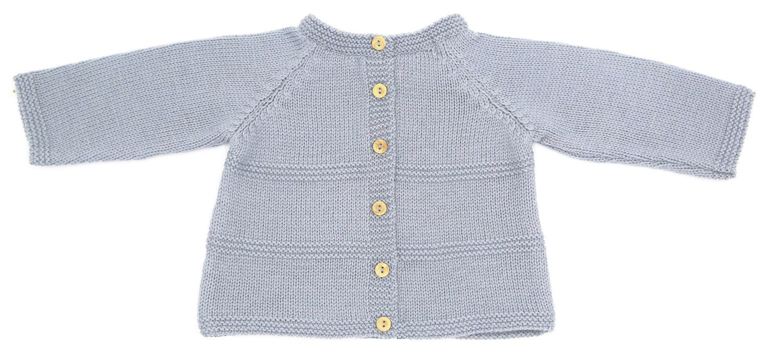 Vue du boutonnage dos d’une brassière pour prématuré en laine mérinos gris-bleu