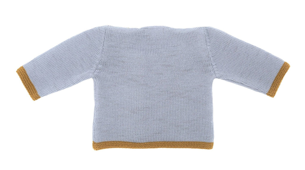 Vue de dos d’un gilet bébé en laine mérinos gris et brun doré