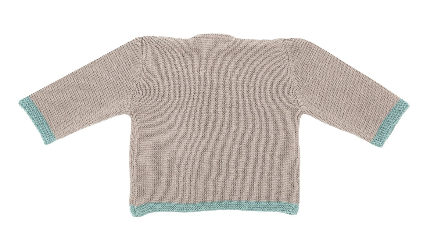 Vue de dos d’un gilet bébé en laine mérinos taupe et vert