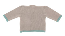 Vue de dos d’un gilet bébé en laine mérinos taupe et vert