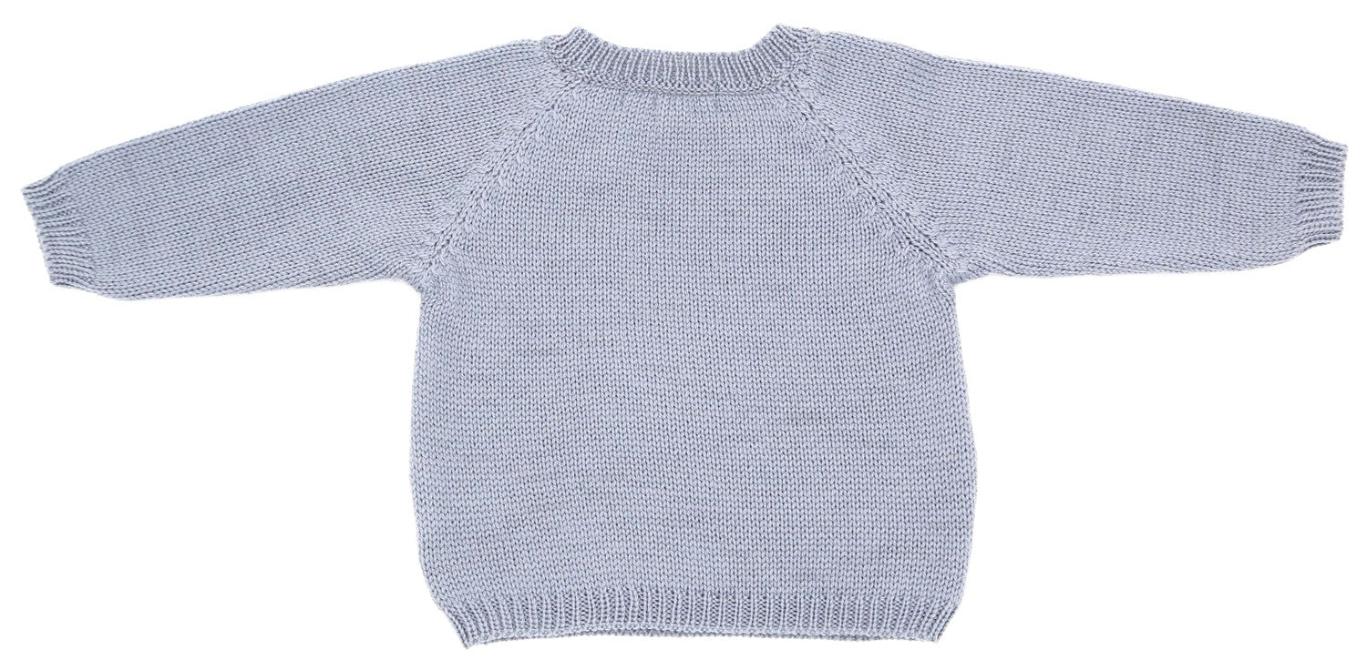 Vue de dos d’un pull bébé en laine mérinos gris-bleu