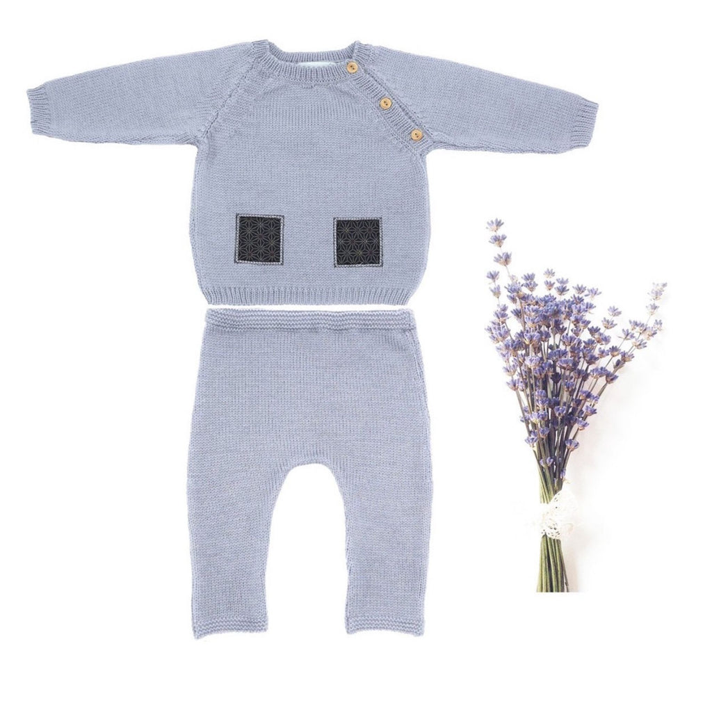 Ensemble bébé pull et pantalon gris en laine mérinos, tricoté en France