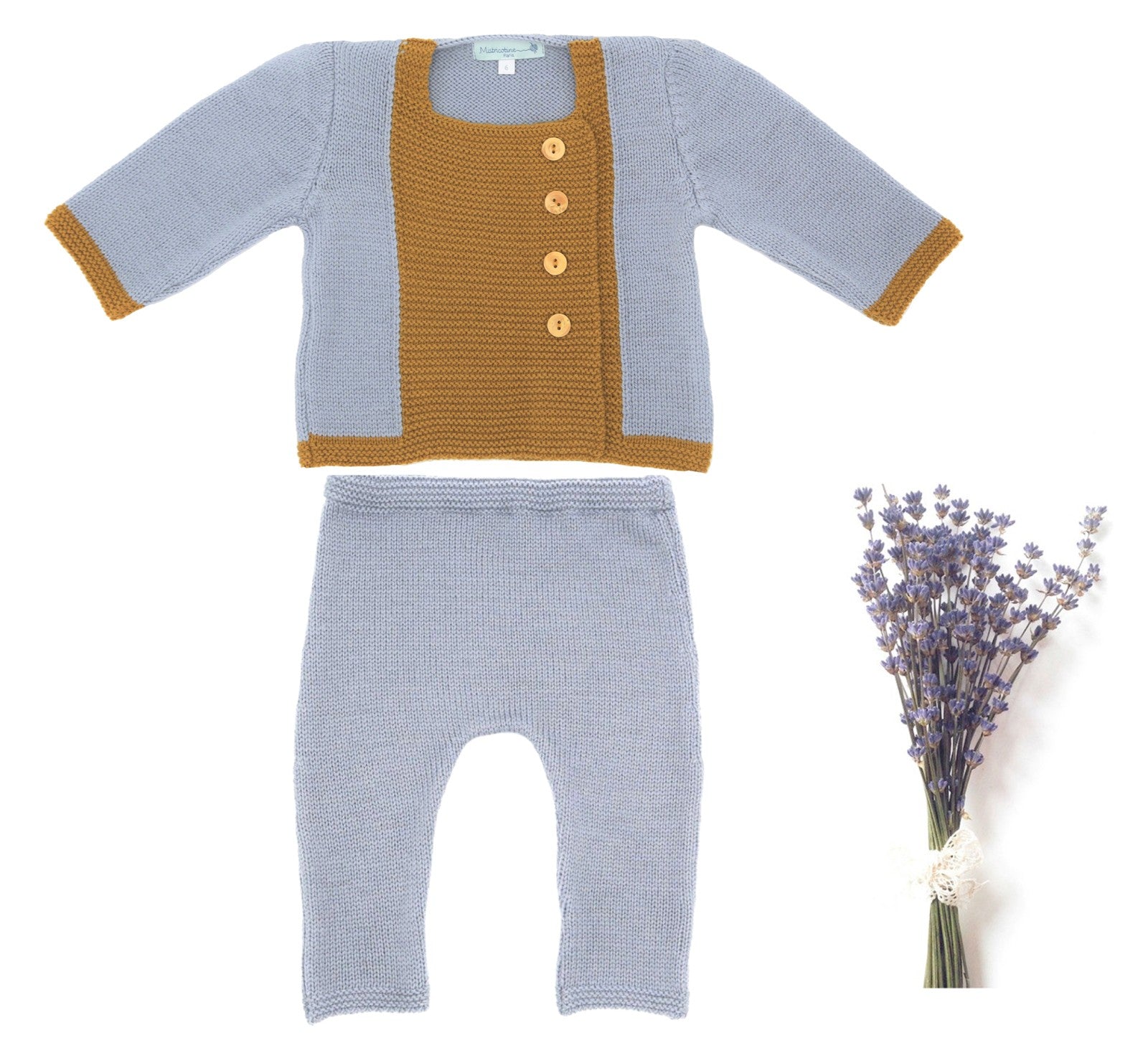 Tenue de naissance gilet & pantalon gris brun doré en laine mérinos, tricotée en France
