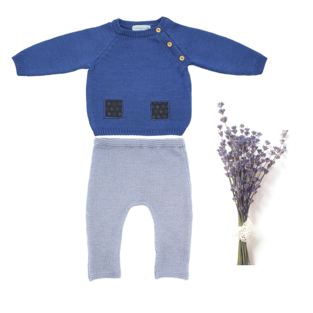 Ensemble bébé pull et pantalon bleu et  gris en laine mérinos, tricoté en France
