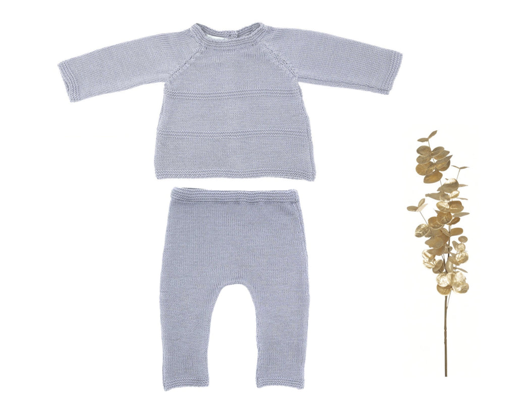 Ensemble Prématuré Petit Chat gris-bleu laine mérinos