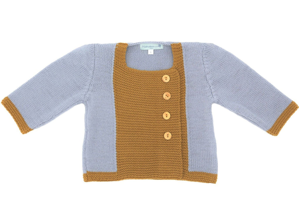 Gilet bébé Tichat gris & brun doré en laine mérinos tricoté en France