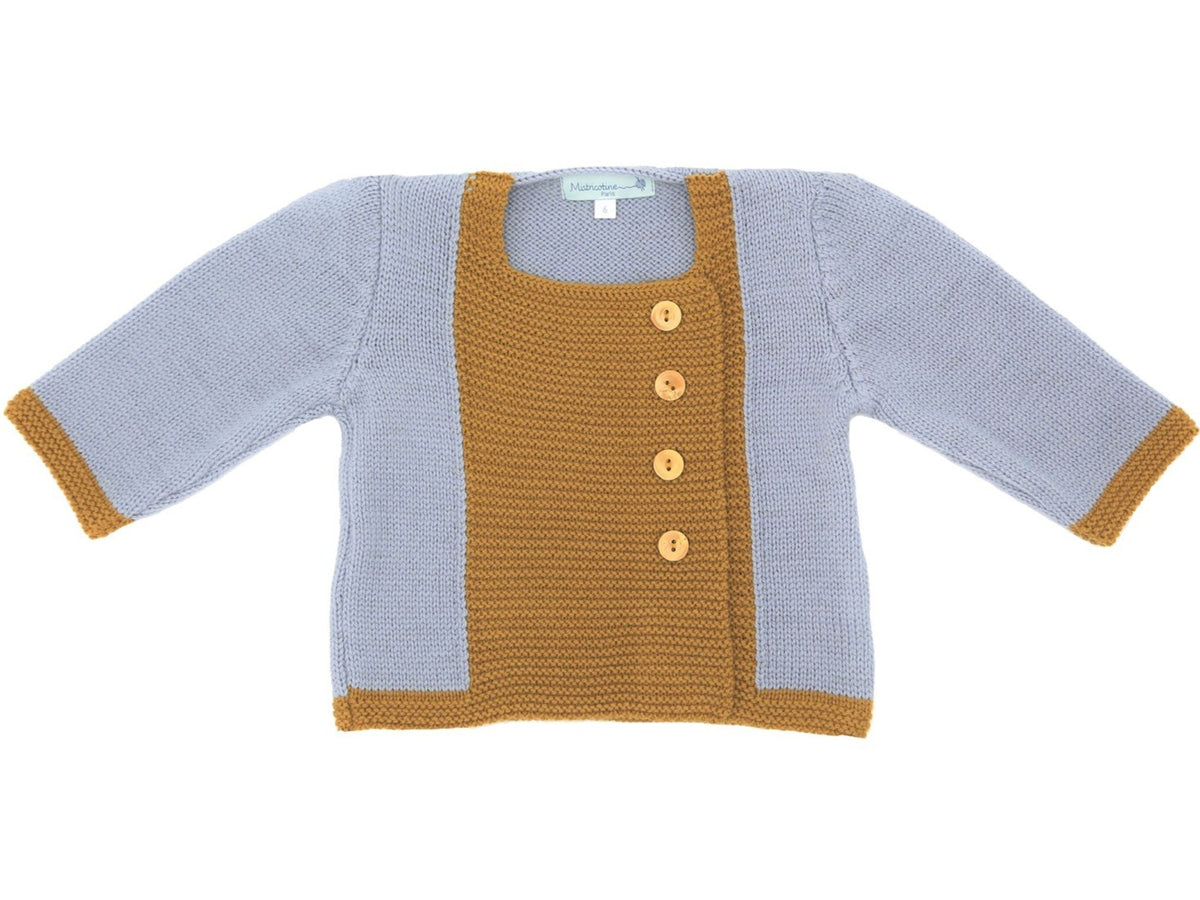 Gilet bébé en laine mérinos gris et brun doré, tricoté en France