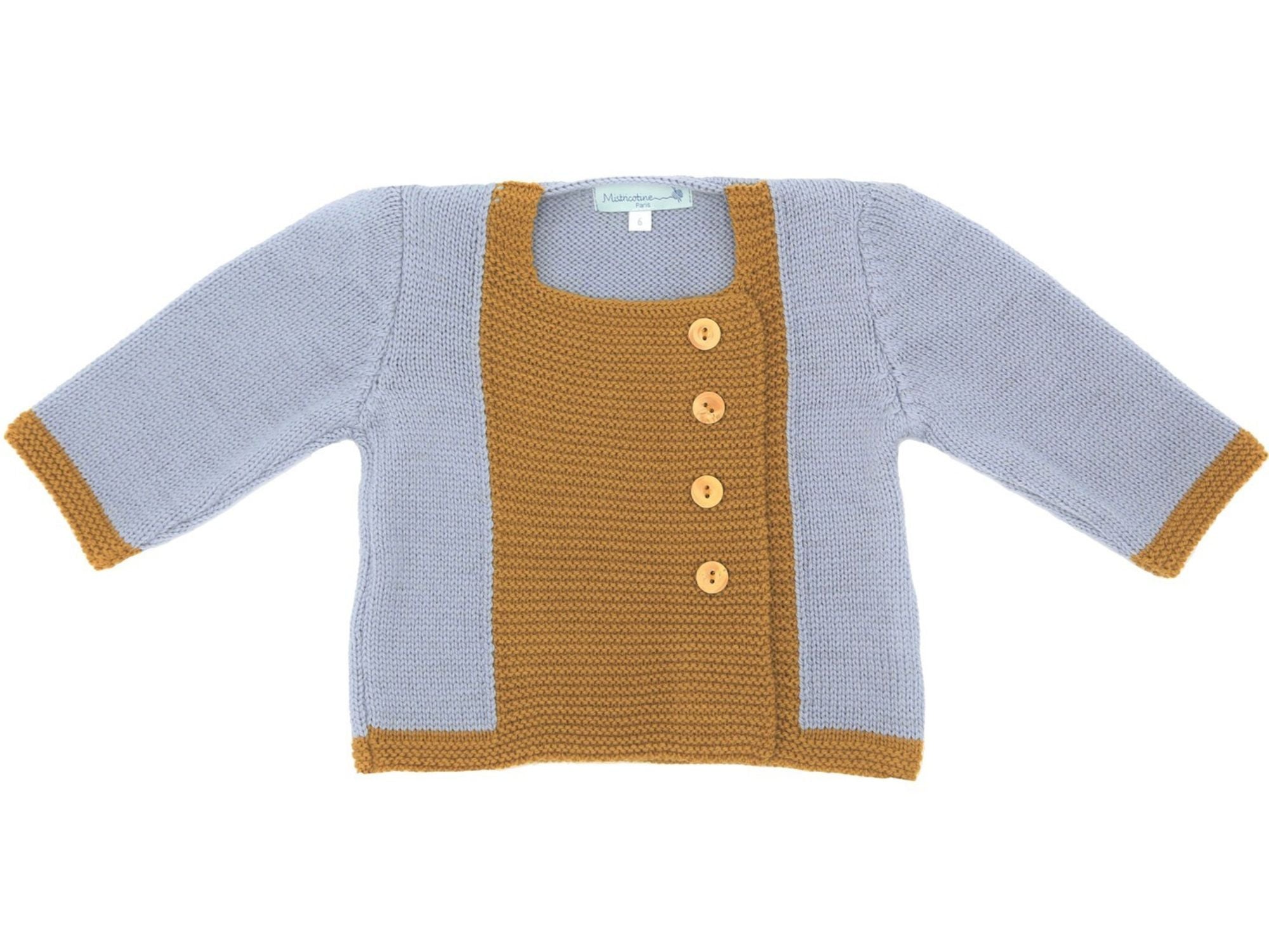 Gilet bébé en laine mérinos gris et brun doré, tricoté en France