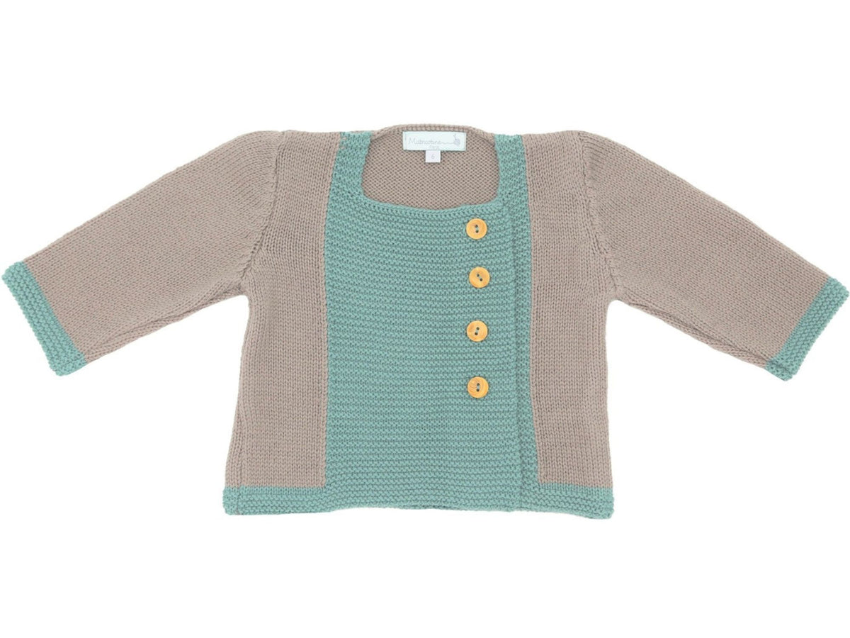 Gilet bébé en laine mérinos taupe et vert, tricoté en France