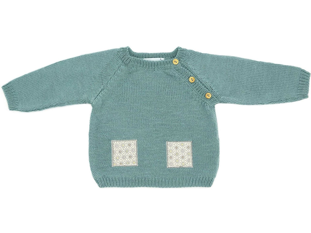 Pull bébé en laine mérinos vert, tricoté en France