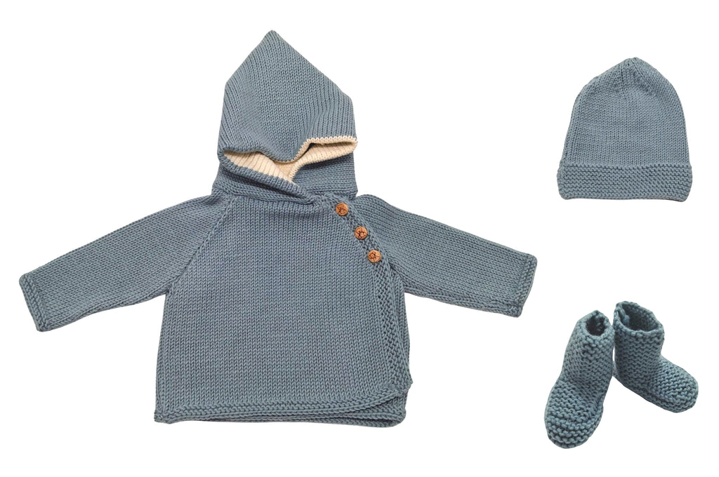 Ensemble bébé paletot, bonnet et chaussons laine mérinos - Céladon