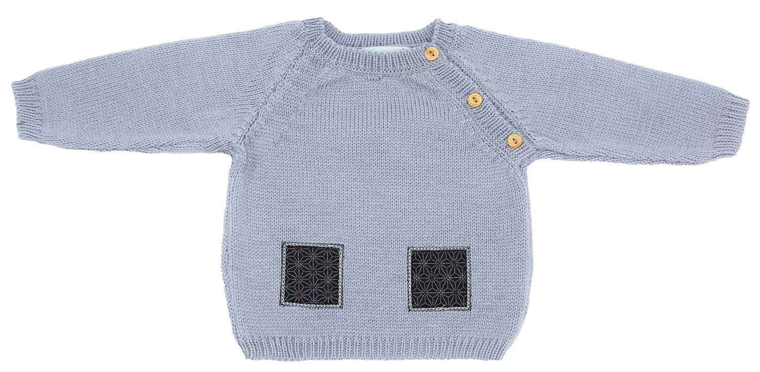 Pull Bébé Patou gris-bleu laine mérinos