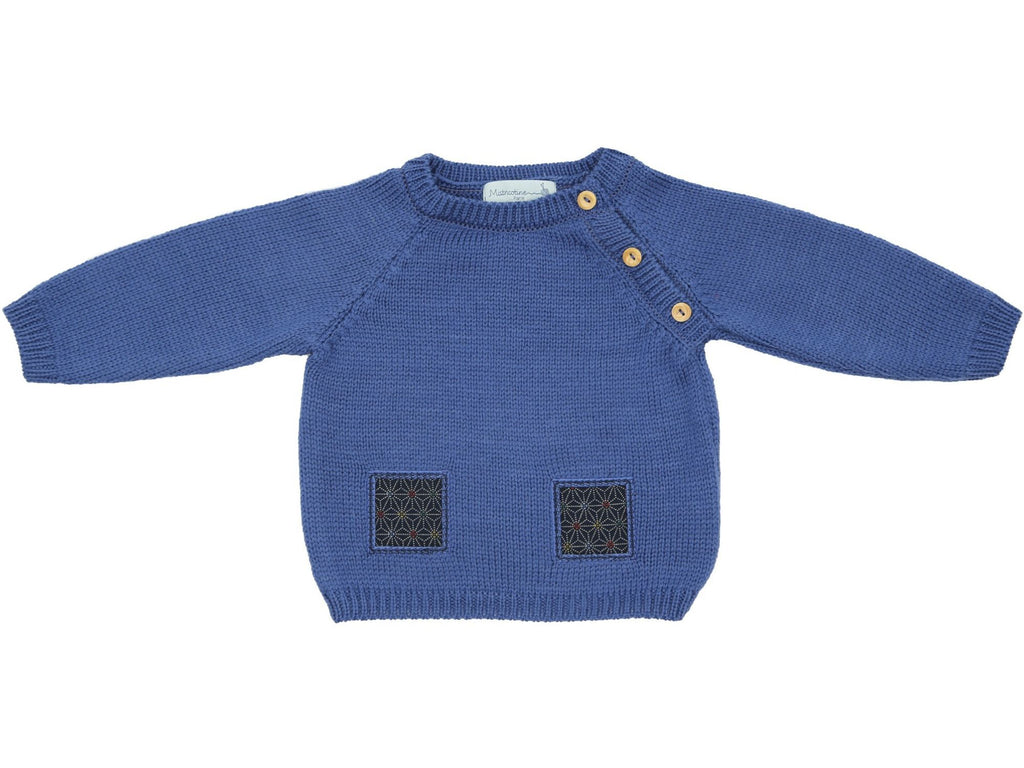 Pull bébé en laine mérinos bleu, tricoté en France