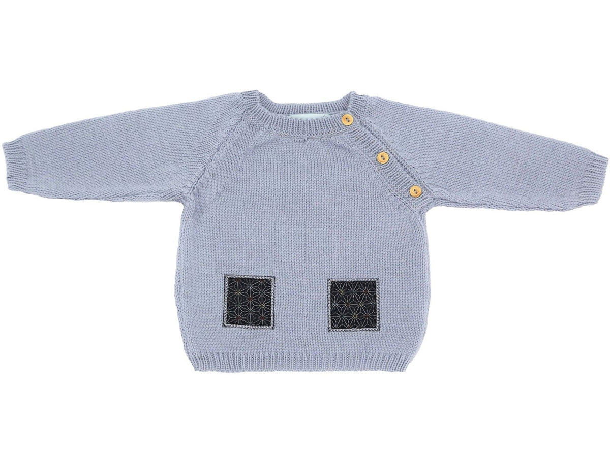 Pull bébé en laine mérinos gris bleu, tricoté en France